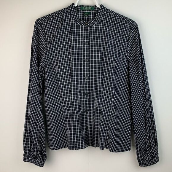 Lauren Ralph Lauren Women’s black and white button up shirt mao collar sz large - Picture 1 of 9